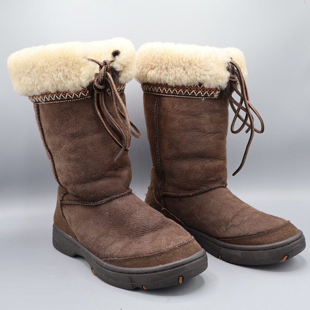 UGGUltimate Cuff Sheepskin Lined Boots Women 8 Brown Lace Up Warm‎ Boho Bohemian